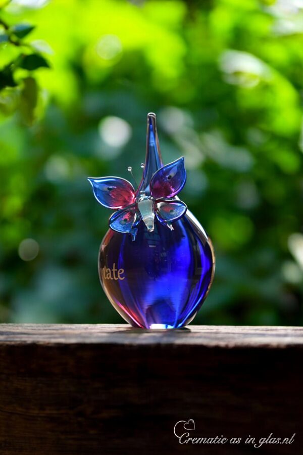 GU2003 | Urne und Schmetterling aus rosa und blauem transparentem Glas personalisiert
