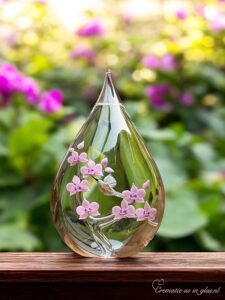 ee glazen urn met een kolibrie en orchideenen in de urn verwerkt