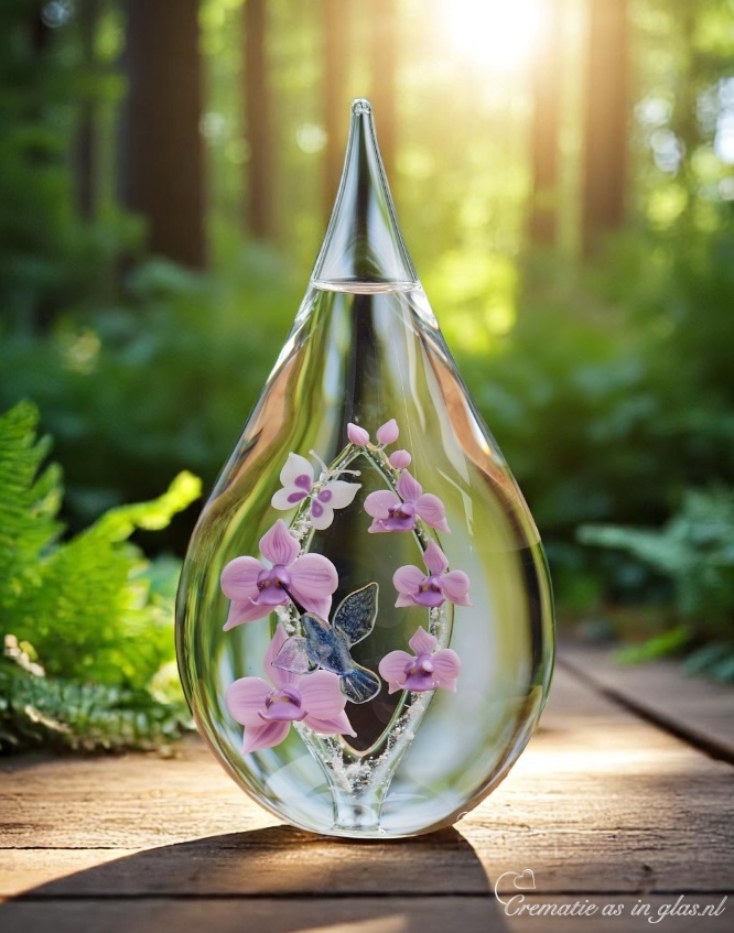 Urn van glas, geheel handgemaakt en geblazen, met kolibrie, vlinders en orchideeën in lila tinten; crematie-as is versmolten in twee transparante bogen. Glass urn, entirely handmade and blown, featuring a hummingbird, butterflies and orchids in lilac tones; ashes are fused into two transparent glass arches. Glasurne, vollständig handgefertigt und geblasen, mit Kolibri, Schmetterlingen und Orchideen in Fliedertönen; Asche ist in zwei transparente Glasbögen eingeschmolzen.