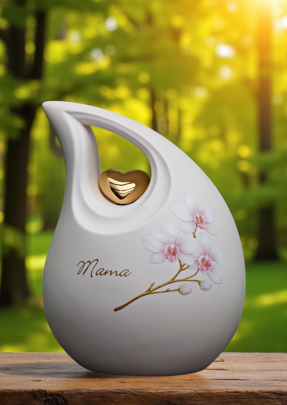 Witte keramische urn met gouden hart en roze orchidee, geschikt voor crematie-as en personalisatie met korte naam.