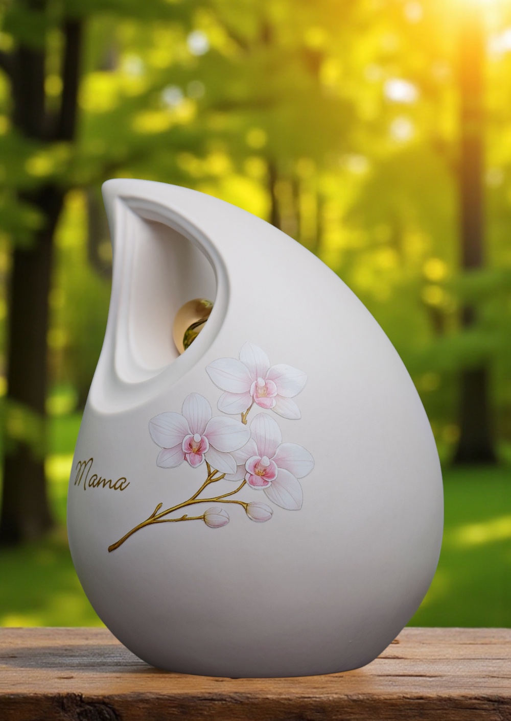 Zijkant van witte keramische urn met gouden hartdetail en subtiele roze orchidee, geschikt voor crematie-as en korte naam.