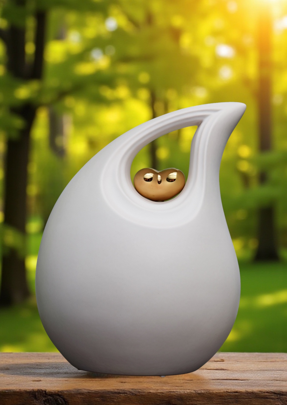 Achterzijde van witte keramische urn met zachte vormgeving, geschikt voor crematie-as en personalisatie met korte naam.