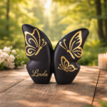 Black ceramic butterfly urn on wooden table in forest, with gold foil butterflies and space for name, suitable for cremation ashes.