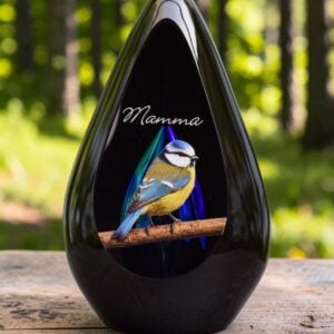 Druppelvormige glazen urn met blauwe accenten, een pimpelmeesje op een tak en de tekst ‘Mamma’, geplaatst op een tafel